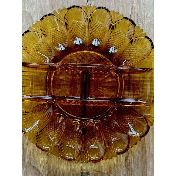 Vtg LE Smith Amber Glass Deviled Egg Plate Relish Tray Platter 11" Heritage #567 - Picture 2 of 3